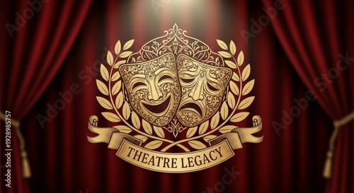 Theatre legacy gold emblem with comedy and tragedy masks on red curtain background