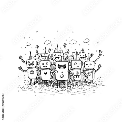 Group of happy cartoon robots with raised arms standing together in a joyful illustration with simple black and white design
