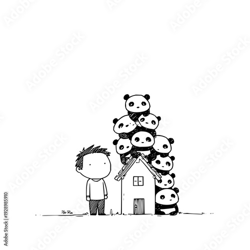 Young boy standing beside small house overrun with multiple pandas climbing on the roof and around it in a black and white illustration