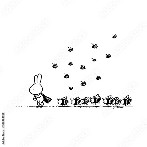 Cartoon rabbit leading a swarm of bees in a black and white illustration showcasing a whimsical scene with simple lines and minimalistic style