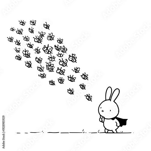 Cartoon rabbit superhero with cape releasing a swarm of smaller rabbits into the air simple black and white illustration