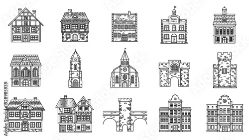 Collection of Architectural Illustrations Featuring Buildings and Structures
