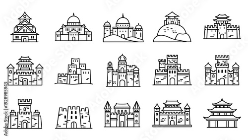 Collection of various architectural structures in line art style