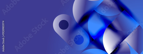 Abstract blue shapes overlap, creating dynamic composition. Gradient shades suggest depth, modern aesthetic. Smooth curves dominate visual space.