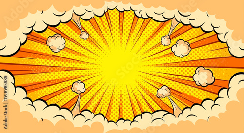 Explosion of popcorn with vibrant rays and clouds in a dynamic illustration from a centered viewpoint