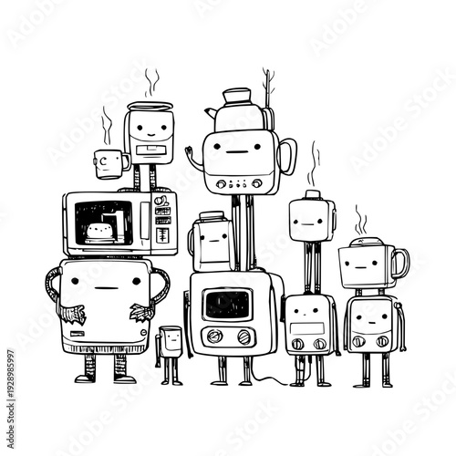 Group of cartoon robots made from household appliances standing together in black and white illustration with simple facial expressions