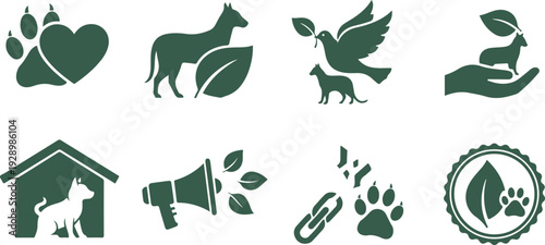 Set of animal icons featuring dog paw print heart leaf horse bird deer cat doghouse megaphone paw prints badge isolated transparent background