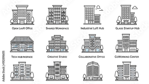 Set of modern office buildings and industrial structures illustrated in various styles