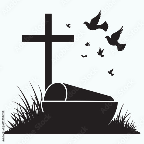 Christian cross with holy water font and flying doves on Easter Sunday minimalist background silhouette vector