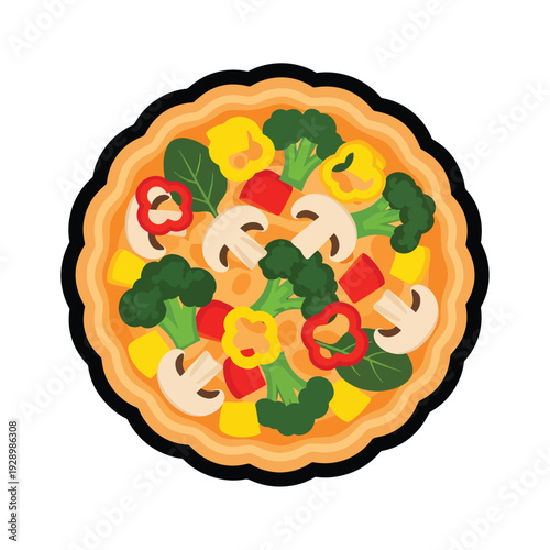 Vibrant vegetable quiche illustration featuring broccoli, mushrooms, and peppers in a golden crust viewed from above