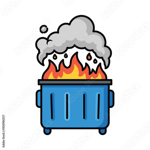 Burning garbage bin with fire and smoke, an illustration of waste disposal issues