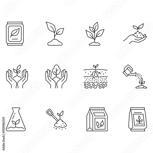 Plant growth icons set, gardening tools collection, seed packet symbols, sprouting leaf silhouettes, farming care signs, eco agriculture vector illustration design.