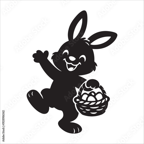 Cute black Easter bunny cartoon holding basket of colorful eggs jumping happily isolated silhouette vector