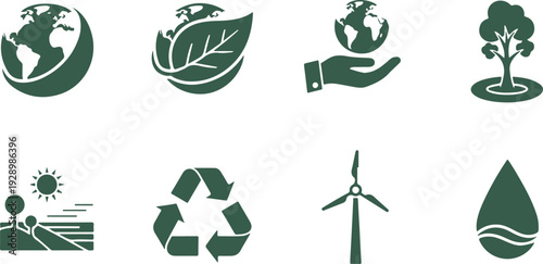 Set of eco friendly environmental protection icons representing sustainability and green living concepts