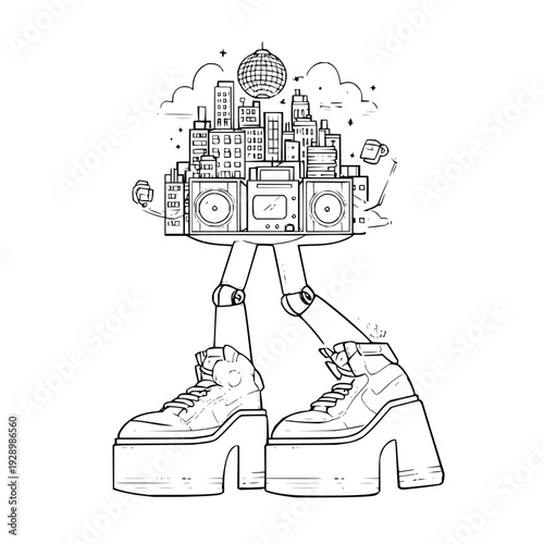 Boombox robot character with cityscape head and platform shoes in black line art style