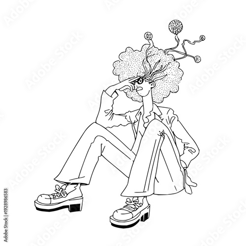 Stylish young woman sitting with afro hairstyle and floral headpiece wearing oversized clothing and platform shoes in black and white illustration relaxed pose with casual attitude