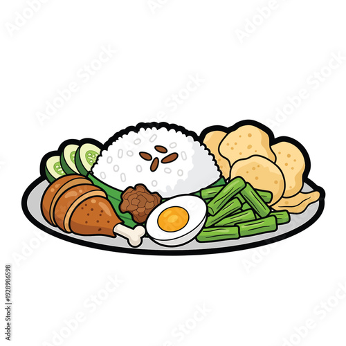 A plate of traditional meal with rice, chicken, and vegetables served with egg and chips on a clean white background from a front view