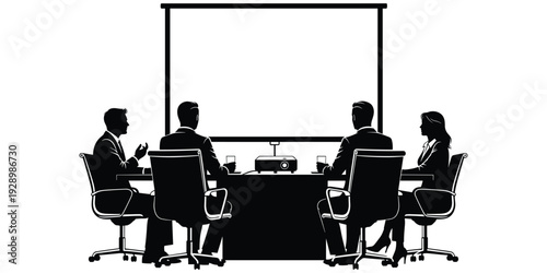 Business meeting silhouette, corporate teamwork, office presentation, projector screen discussion, conference table communication, leadership seminar, flat vector illustration