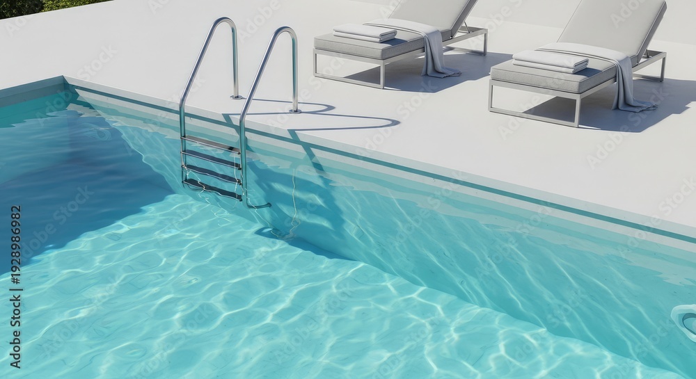 Fototapeta premium Modern outdoor swimming pool with clean blue water, a metal ladder, and two minimalist sun loungers on a white deck, evoking summer relaxation and luxury lifestyle.