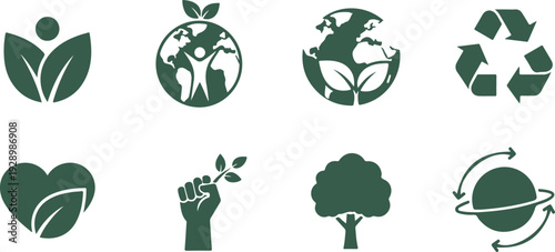Set of eight eco friendly icons depicting environmental conservation and sustainability concepts isolated on transparent background