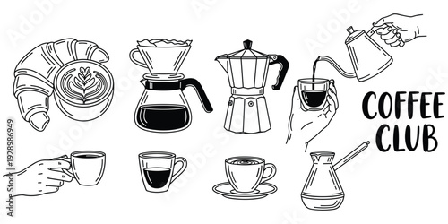 Coffee club illustration, black white drawing, latte art cup, croissant pastry, pour-over maker, moka pot, cezve Turkish coffee, gooseneck kettle, decorative motif, flat vector design