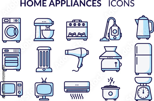 Home appliances icons set blue outline vector collection, kitchen and household electronic equipment illustration for modern interior design