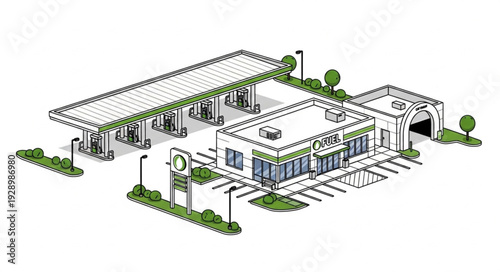 Gas station with convenience store and car wash, a modern service center.