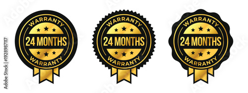 24 months premium luxury warranty logo set with golden ribbon and stars in circle vector illustration. For icon, sign, symbol, badge, stamp, seal, label, shield, stickers, certificate, award