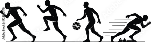Silhouette of four men running in different poses with one dribbling a basketball on a white background