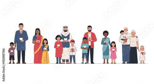 Diverse group of people of various ages and ethnicities standing in a line with a clean white background in a flat illustration style.