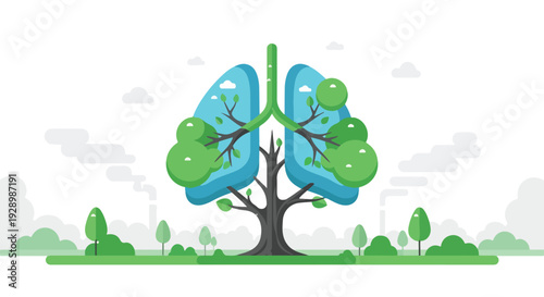 Illustration of a tree with lungs for leaves against a white background with green landscape.
