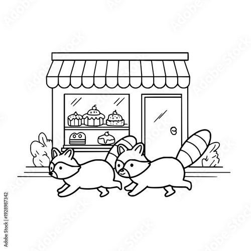 Two raccoons walking past a bakery shop with cupcakes in the window display black and white illustration simple background