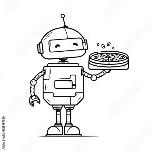 Robot holding a freshly baked pizza with melting cheese black and white line art illustration isolated on white background