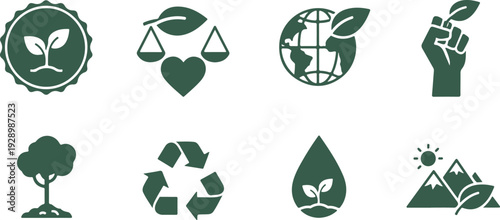 Set of nine eco friendly environmental protection icons featuring nature symbols and sustainability elements isolated on transparent background