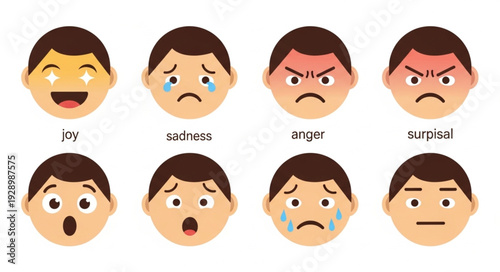 Diverse emotional expressions displayed on cartoon faces representing various feelings and moods.