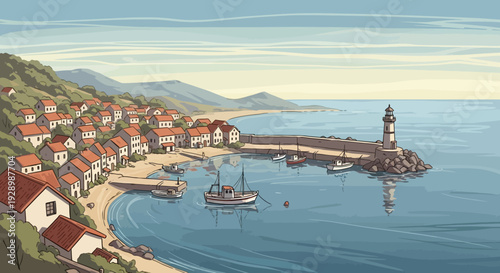 Seaside Town with Lighthouse and Boats.