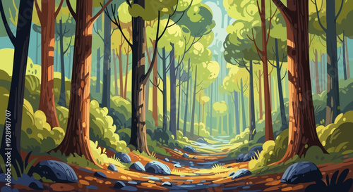 Serene Forest Landscape with Tall Trees and Foliage.