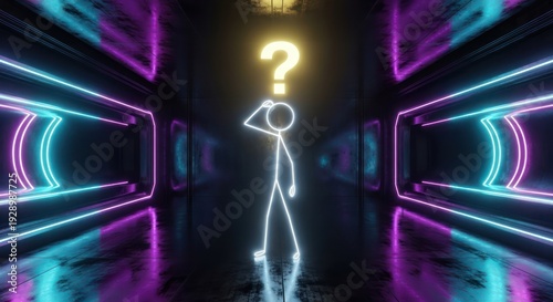 Neon stick figure contemplating, surrounded by vibrant luminous geometric shapes