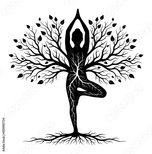 Yoga Tree Pose Silhouette - Woman & Roots Vector