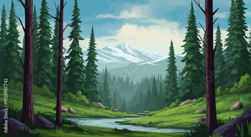 Serene Forest Landscape with Trees and River.