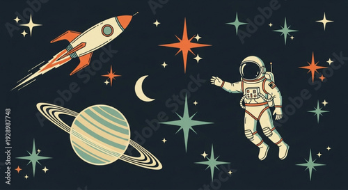 Retro Space Astronaut Rocket Planet Stars Vintage Space Age Exploration Vector Illustration