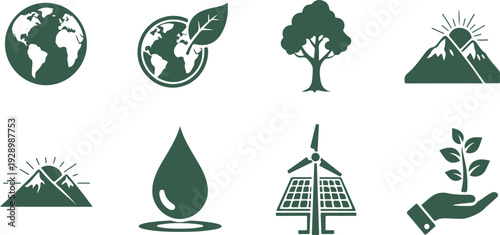 Set of nine eco friendly nature and renewable energy icons featuring globe earth water wind solar mountain tree symbols isolated on transparent background