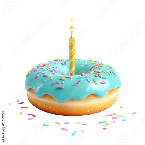 Blue Frosted Donut with Sprinkles and Candle on Transparent Background
