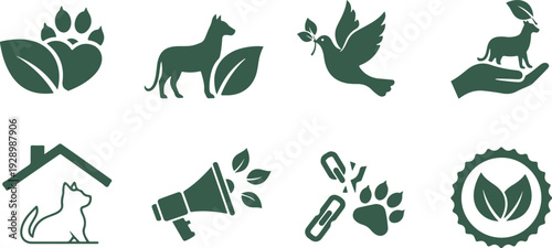 Set of nine ecofriendly animal and nature icons featuring leaves plants and symbols isolated on transparent background