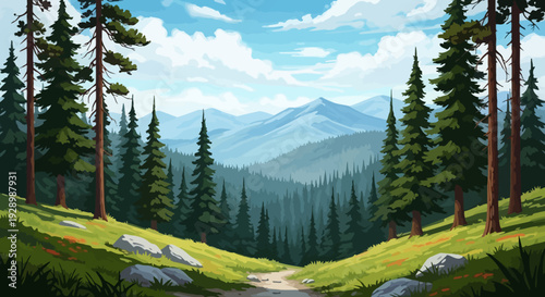 Tall Green Pine Trees in Landscape.