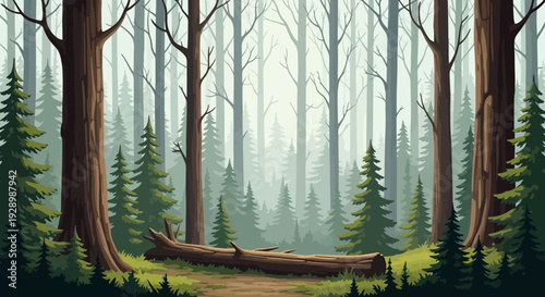 Tall Trees in Forest Landscape Scene.