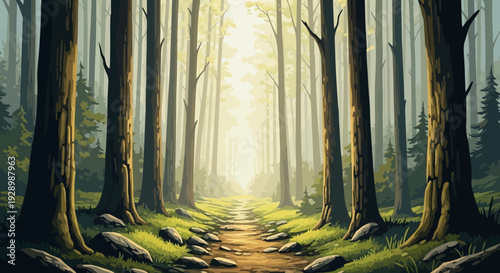 Tall Trees in Forest with Pathway.