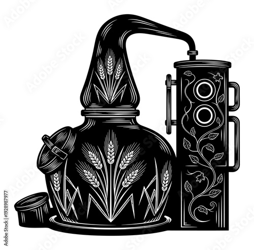 Photos Whiskey Still Illustration - Copper Alembic, Barley & Vines