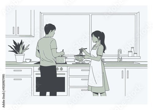 Couple Cooking Pasta - Modern Kitchen Vector