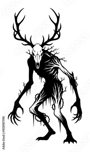 Wendigo Silhouette - Stag Skull, Forest Motif - Vector Illustration